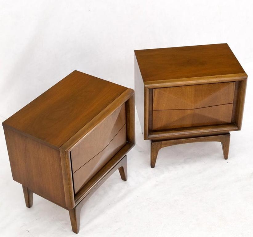 Pair Mid-Century Modern Dimond Front Drawers End Tables Nightstands Stands