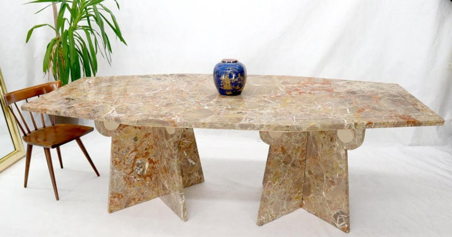 Large Marble Boat Shape Top Dining Conference Table on Cross Shape Bases