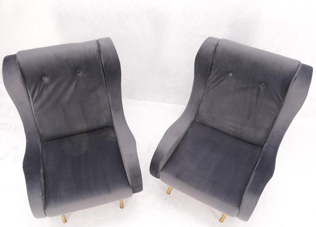 Pair Italian Mid-Century Modern Brass Legs Grey Arm Lounge Chairs