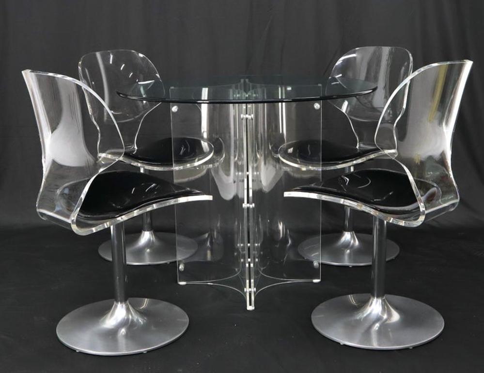 Tulip Chrome Base Lucite Seats Set of 4 Chairs Dining Table with Glass Round Top