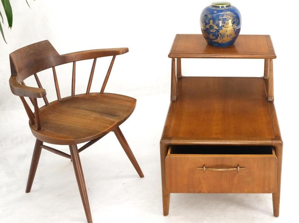 Henredon Solid Walnut Sculptural Two Tier One Drawer Step Side Table
