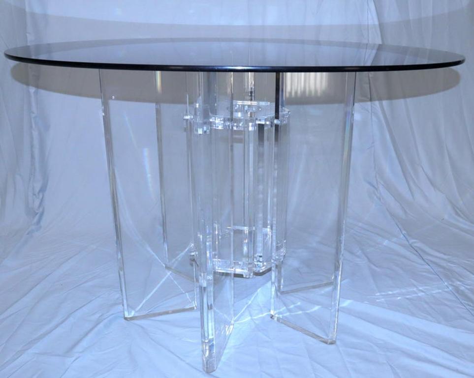 Heavy Massive Lucite Base Round Bronze Smoked Glass Top Dining Conference Table