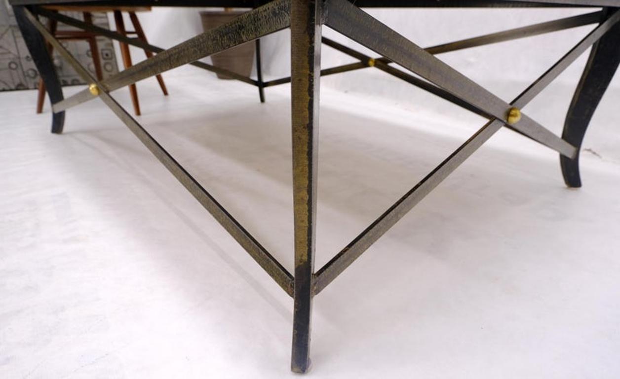 Steel Metal Forged X Base Travertine Top Rectangle Coffee Table w/ Brass Studs