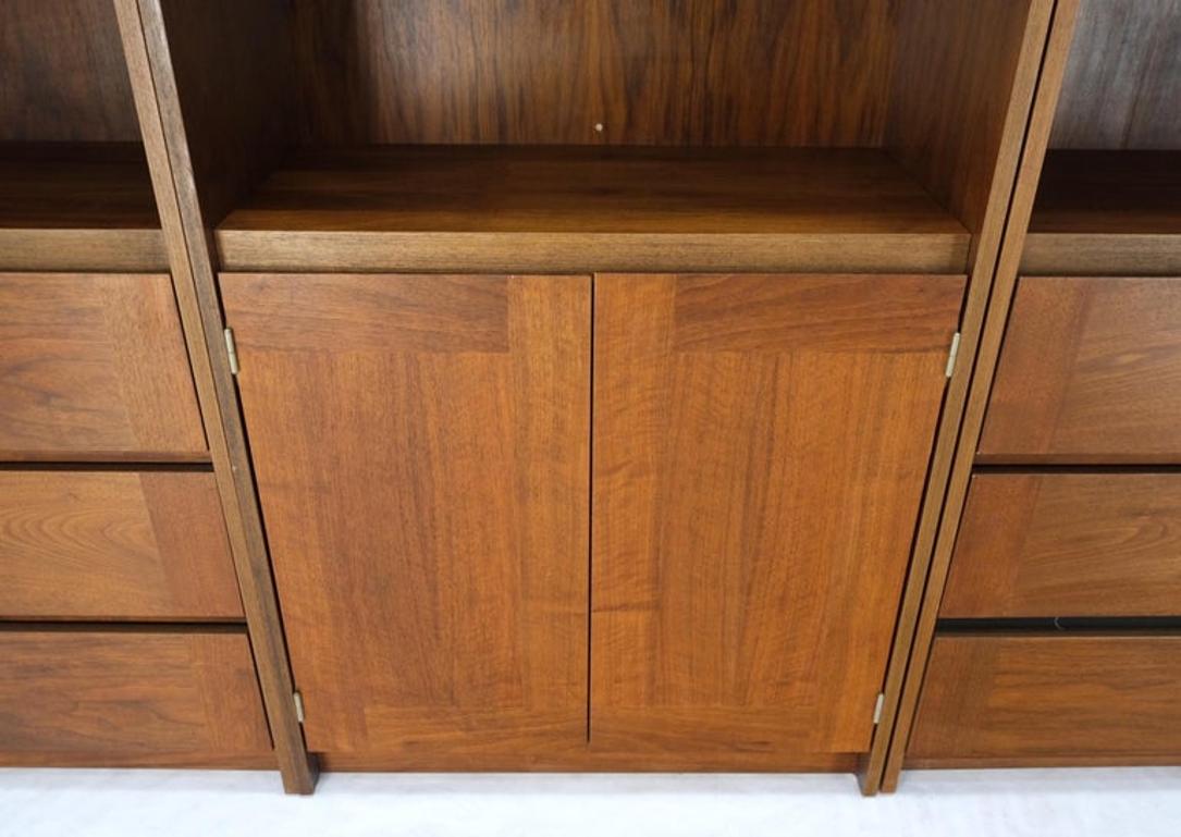 3 Bay Mid-Mentury Modern Walnut Glass Doors Bookcase Wall Unit Curio Cabinet