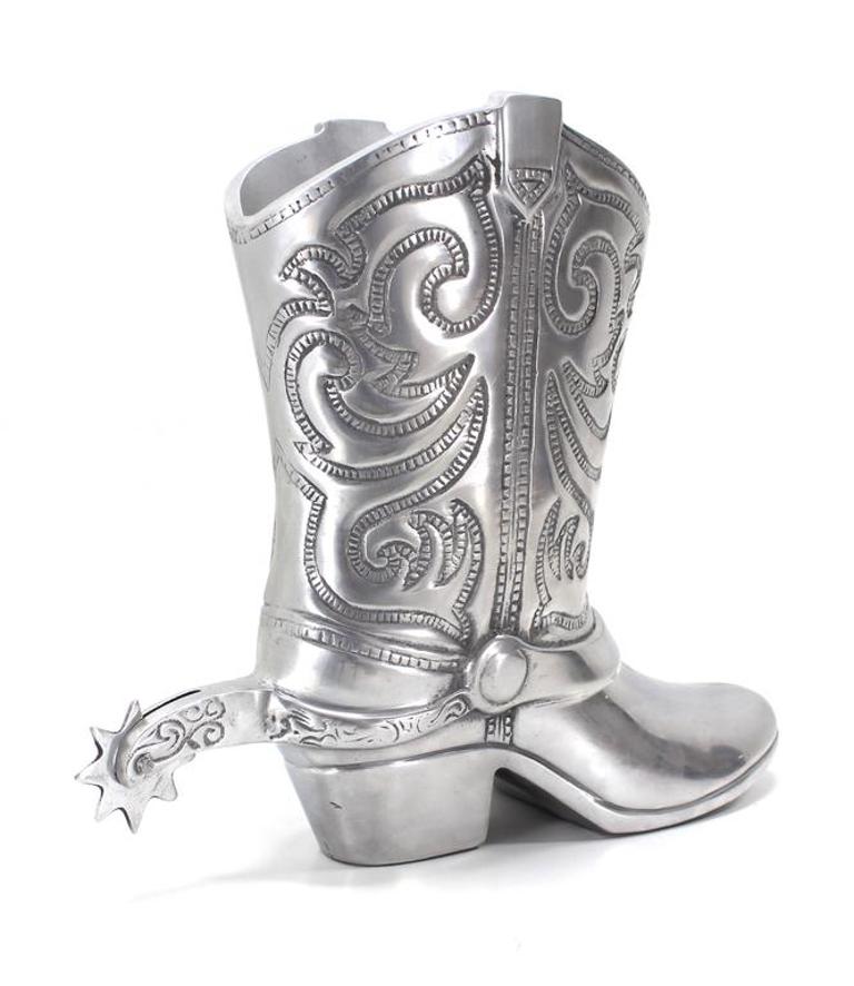 Large Cast Metal Western Boot Vase Planter Towle Silver