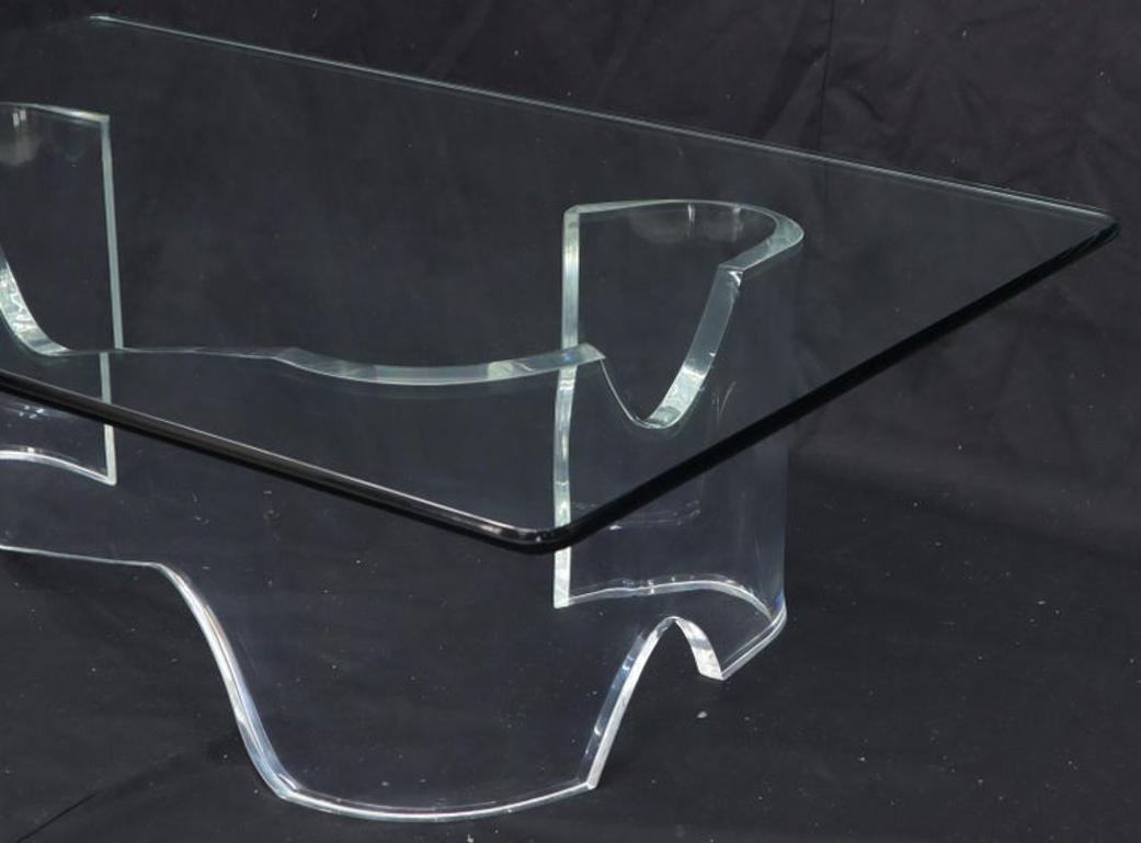 Thick Bent Lucite Organic Shape Base Rectangle Glass top Coffee Table