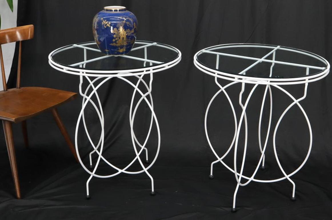 Pair of Midcentury Ice Cream Style Round Folding Cafe Tables Glass Tops