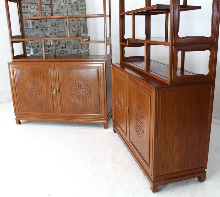 Pair of Asian Solid Teak Étagères Double Carved Doors Cabinets
