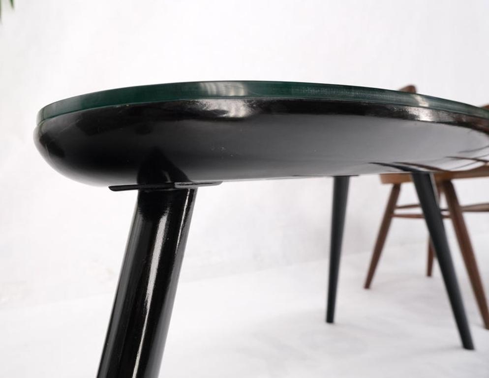 Pair Glass Top Black Lacquer Oval Pierced Shape Solid Tops End Side Tables Stand