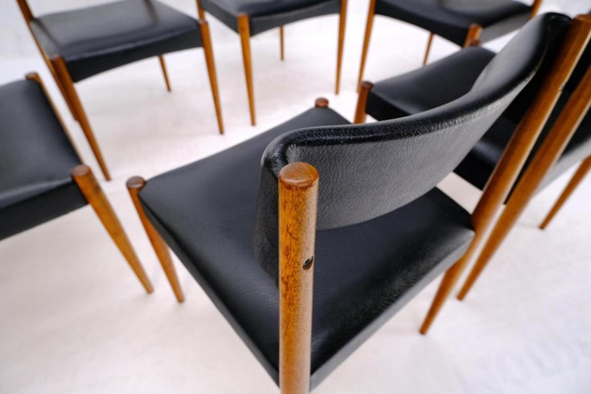 Set of 6 Danish Teak Mid Century Modern Dining Chairs in Black Upholstery