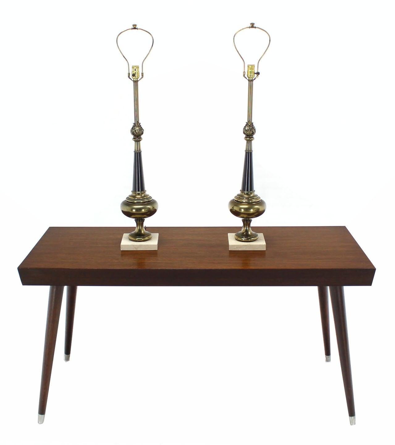EstablishedLines Pair Mid Century Modern Stiffel Brass Finial Shape Table Lamps Marble Bases MINT