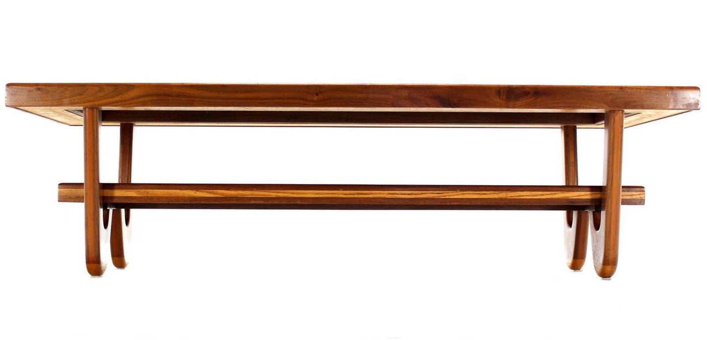 Walnut Hair Pin Leg Smoked Glass Marquetry Top Long Rectangle Coffee Table MINT