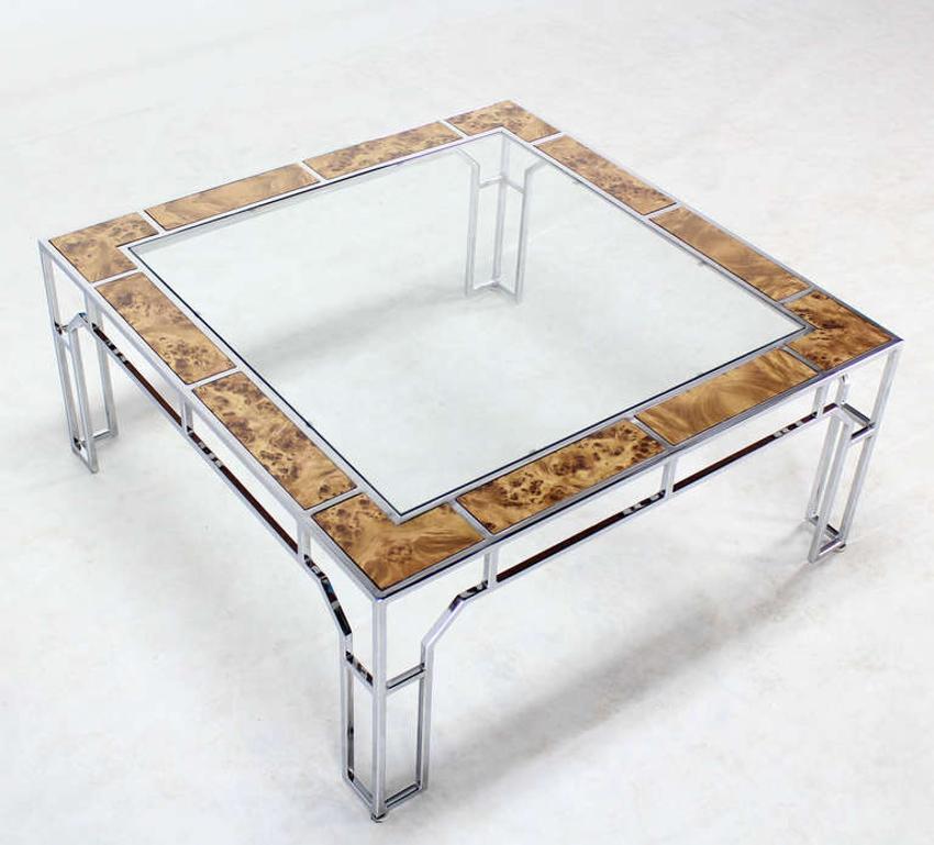 Mid Century Modern Chrome Glass Top Square Coffee Table w Burl Wood Inserts MINT