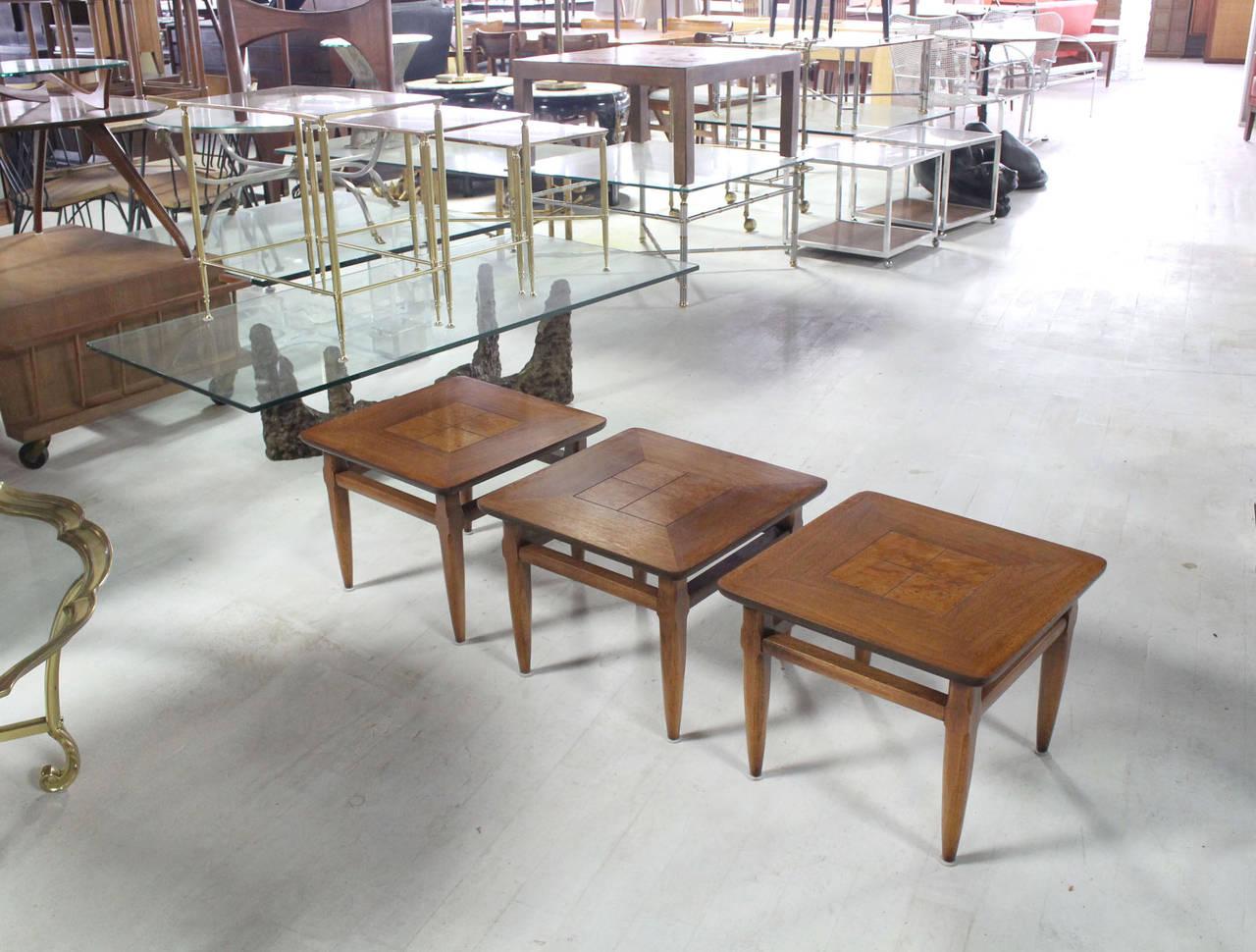 EstablishedLines Set 3 Three American Burl Walnut Square End Side Occasional Tables Stands MINT!