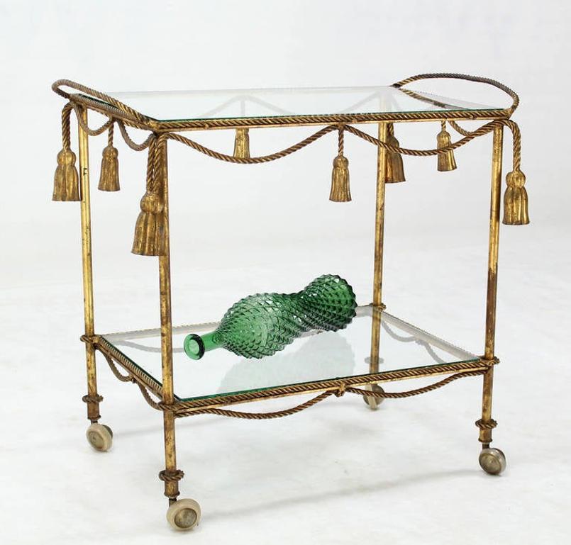 EstablishedLines Midcentury Italian Gold Gilt Metal Rope and Tassels Glass Top Bar Tea Cart Wheel