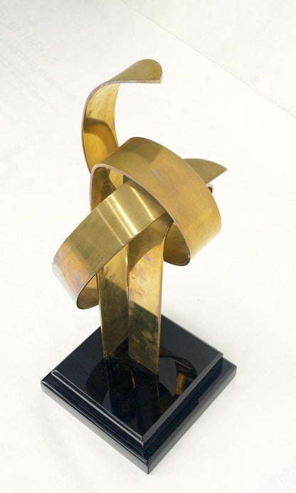 Van Teal Mid-Century Modern Brass Ribbon Abstract Sculpture on Black Square Base