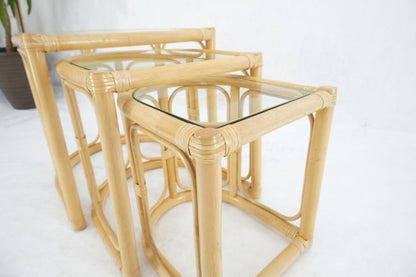 Bent Reed Bamboo Rattan Set of Three Stacking End Side Occasional Tables Stands