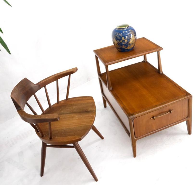 Henredon Solid Walnut Sculptural Two Tier One Drawer Step Side Table
