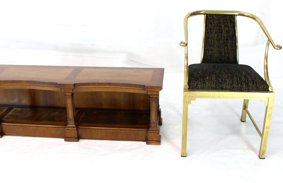Low Profile Burl Wood Banded Credenza Display Bench or Table with Brass Shelf