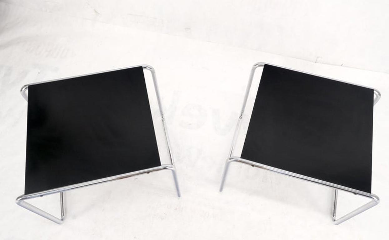 Pair Marcel Breuer Laccio Side Tables Black Laminated Top Tubular Chromed Base