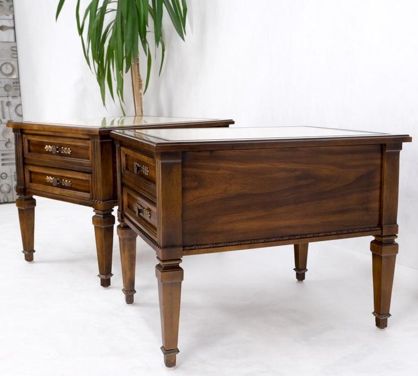 Pair Vintage Travertine Tops Cherry or Walnut Two Drawers End Tables Nightstands