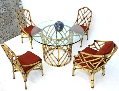 McGuire 7  Pieces Bamboo Dining Set Round Glass Top Table Two Arm Chairs Leather