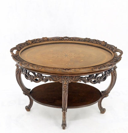 Oval Glass Tray Top Heavily Carved Inlay Walnut Side End Occasional Coffee Table