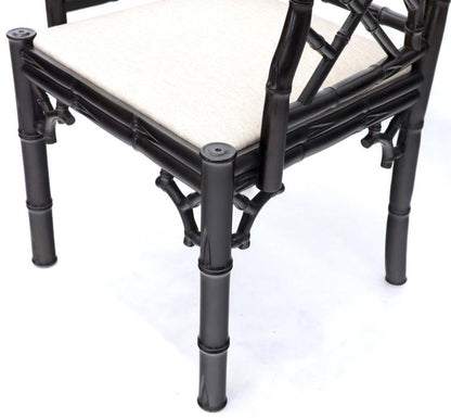 Pair of Ebonized Faux Bamboo Armchairs with New Linen Fabric Upholstery