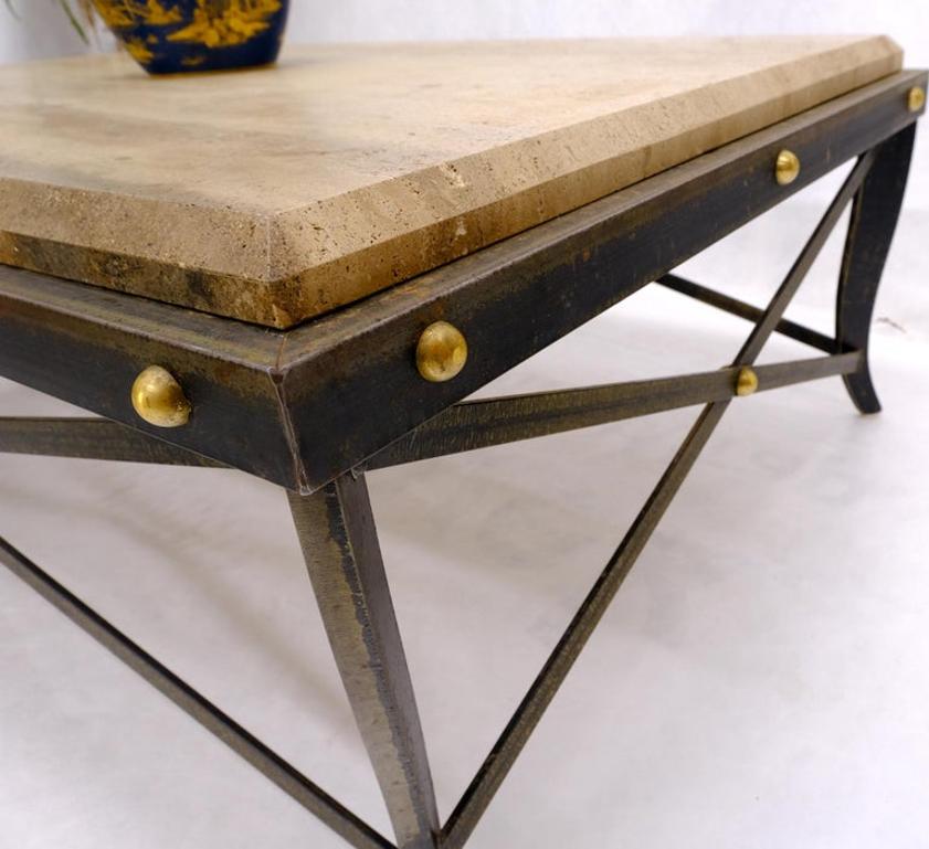 Steel Metal Forged X Base Travertine Top Rectangle Coffee Table w/ Brass Studs