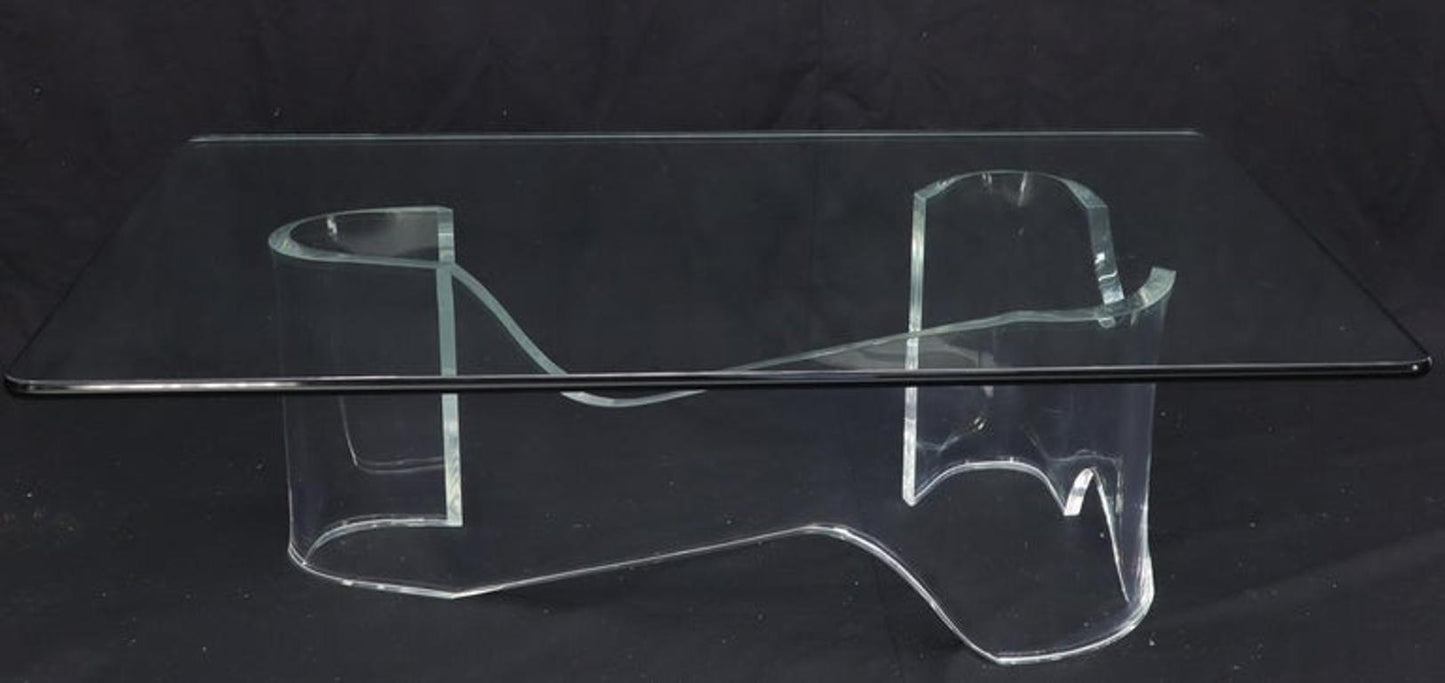 Thick Bent Lucite Organic Shape Base Rectangle Glass top Coffee Table