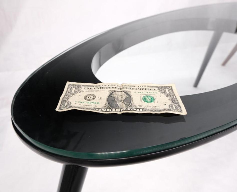 Pair Glass Top Black Lacquer Oval Pierced Shape Solid Tops End Side Tables Stand