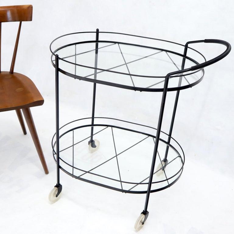 Oval Mid-Century Modern Black Lacquer Serving Bar Tea Cart