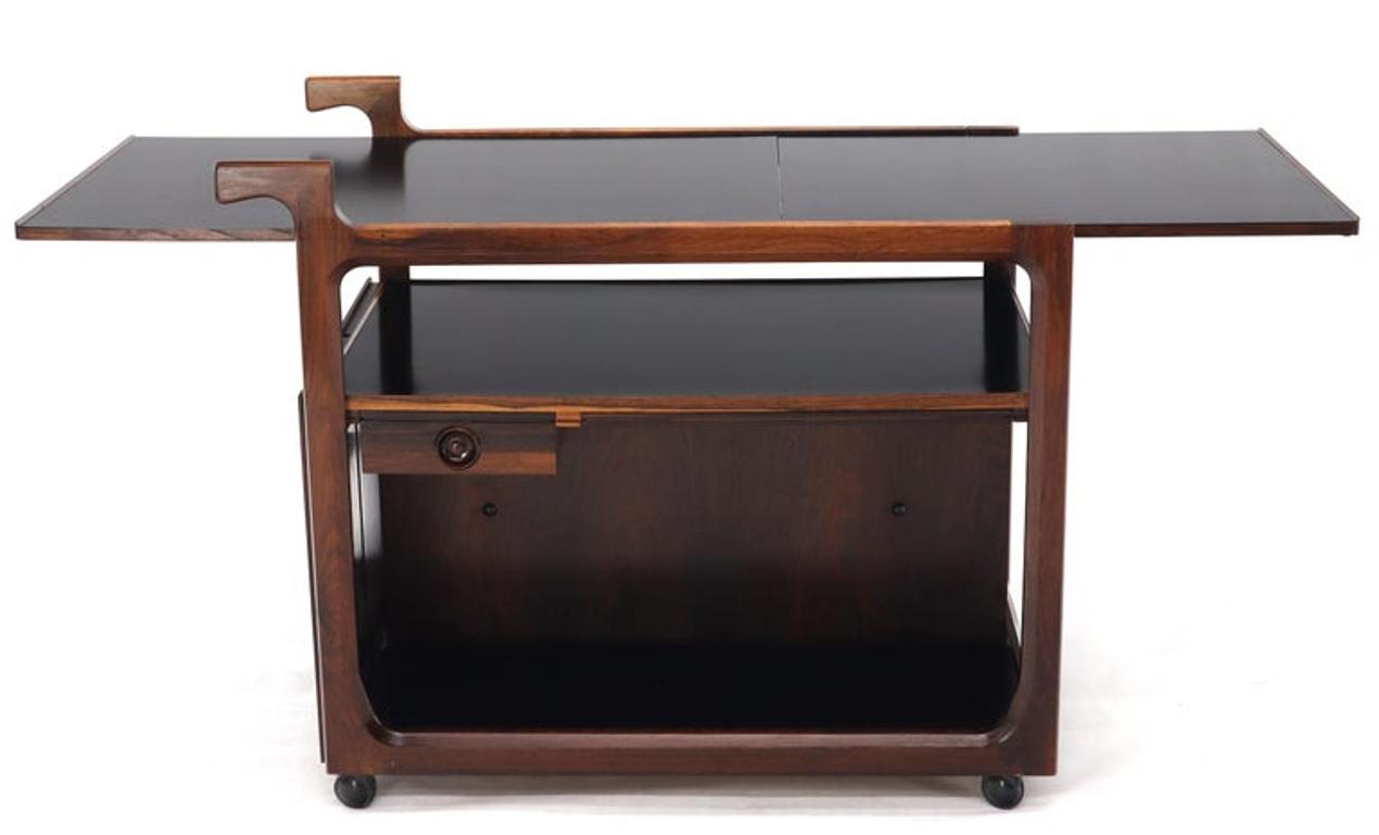 Multifunctional Danish Rosewood Drop Leaf Bar Tea Cart Mid-Century Modern