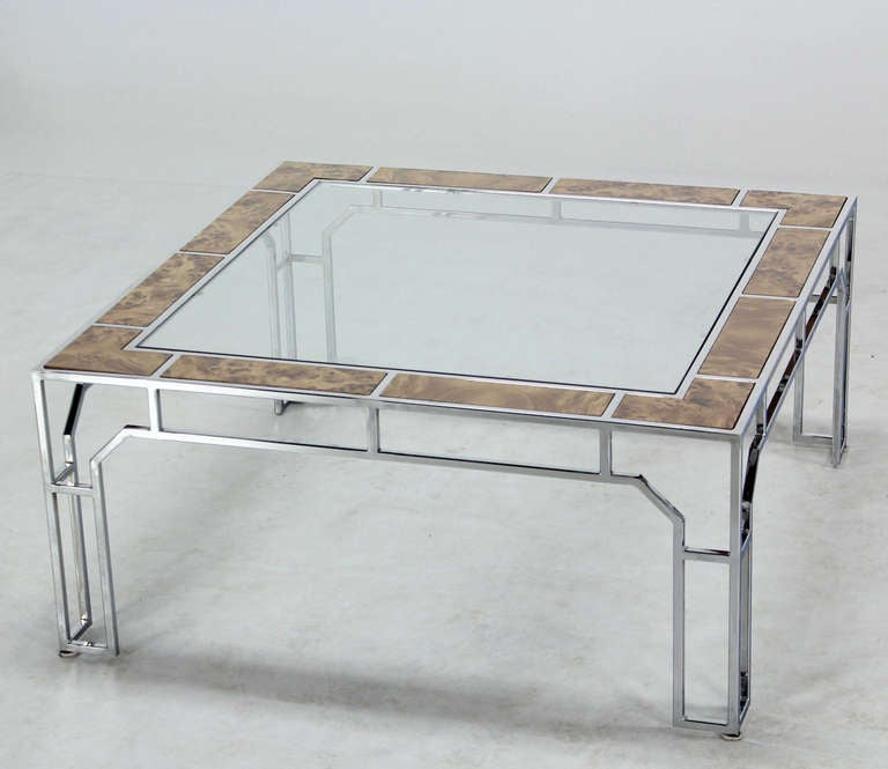 Mid Century Modern Chrome Glass Top Square Coffee Table w Burl Wood Inserts MINT