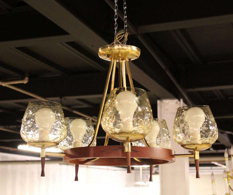 EstablishedLines Brass & Walnut Danish Modern Five-Light Champagne Glass Shades Chandelier