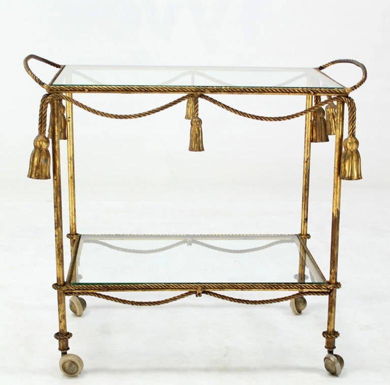 EstablishedLines Midcentury Italian Gold Gilt Metal Rope and Tassels Glass Top Bar Tea Cart Wheel