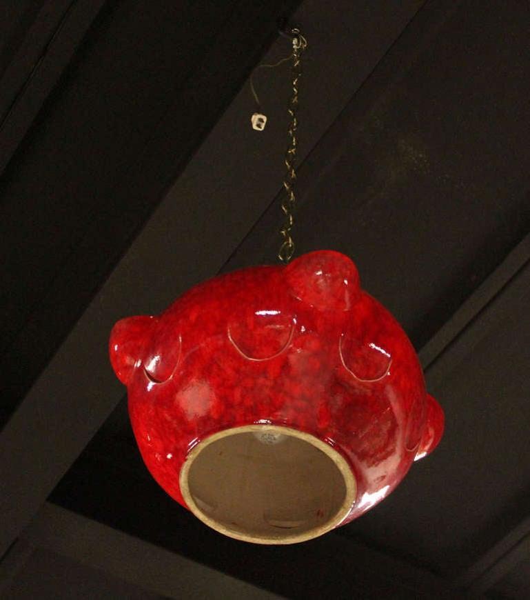 EstablishedLines Mid-Century Modern Tomato Red Glazed Art Pottery Ceramic  Pendant Light Fixture
