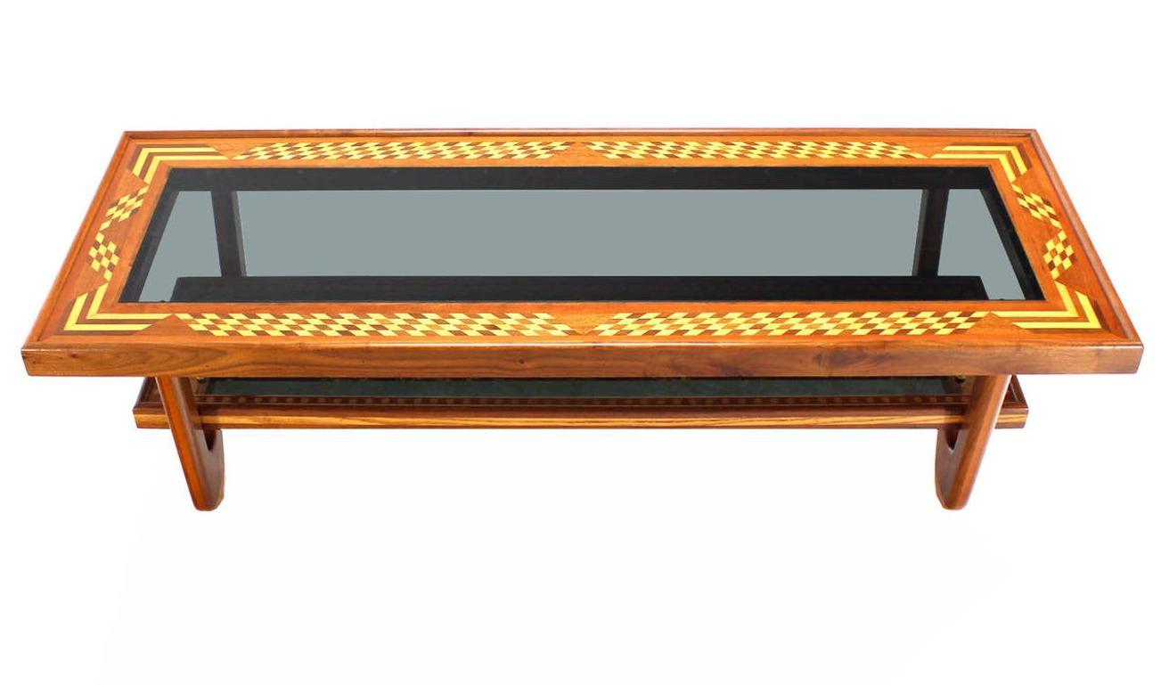Walnut Hair Pin Leg Smoked Glass Marquetry Top Long Rectangle Coffee Table MINT