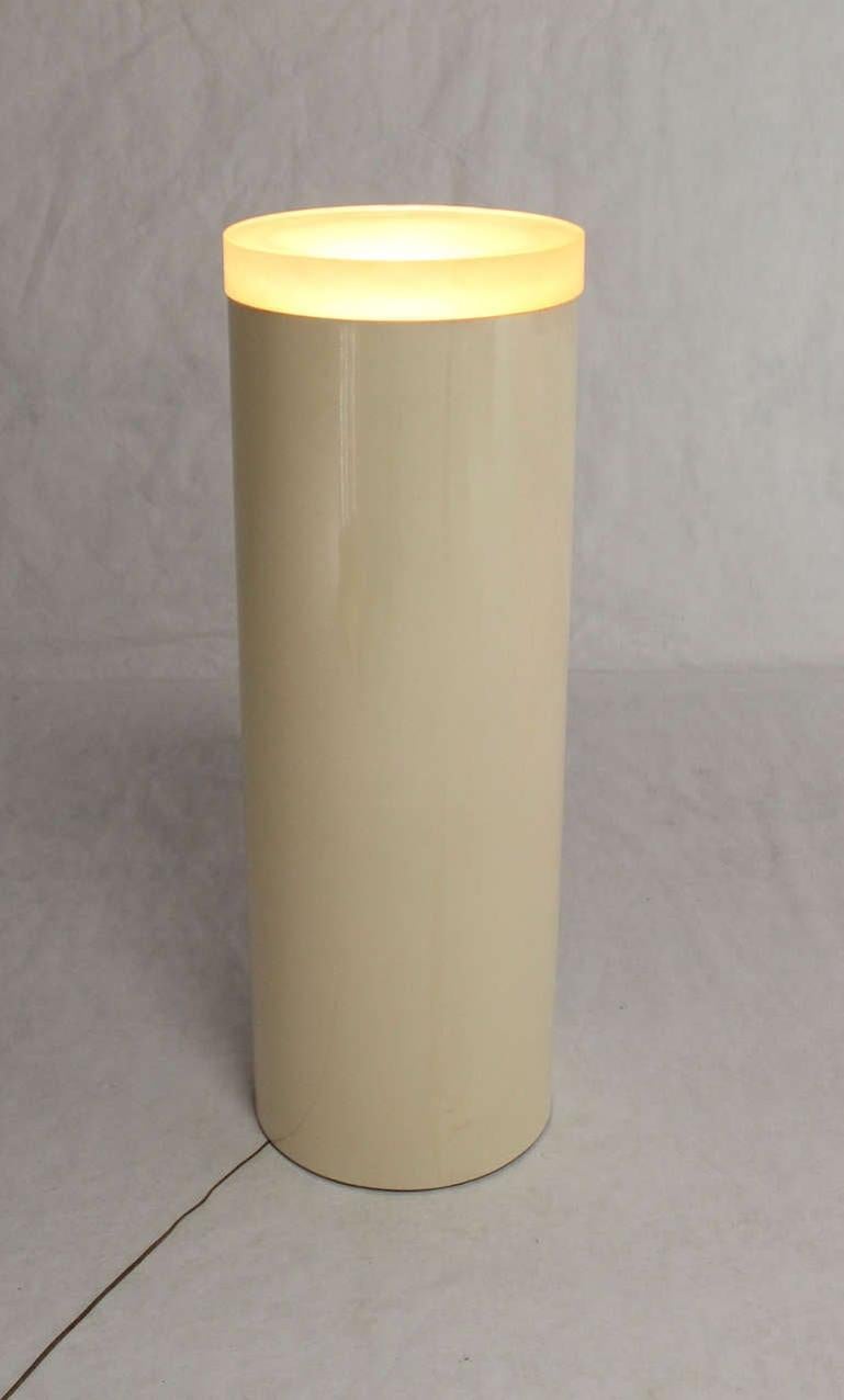 EstablishedLines Light-Up Fiberglass Cylinder Round Pedestal Thick Lucite "Lens" Shade Floor Lamp