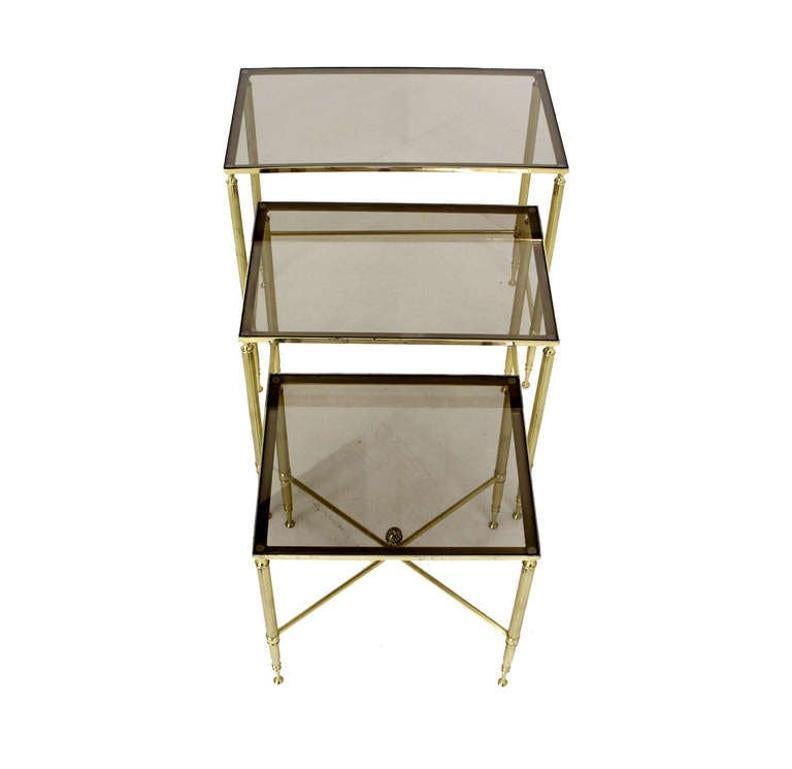 EstablishedLines Solid Brass Smoked Glass Set of Three Nesting Stacking Side Occasional Tables
