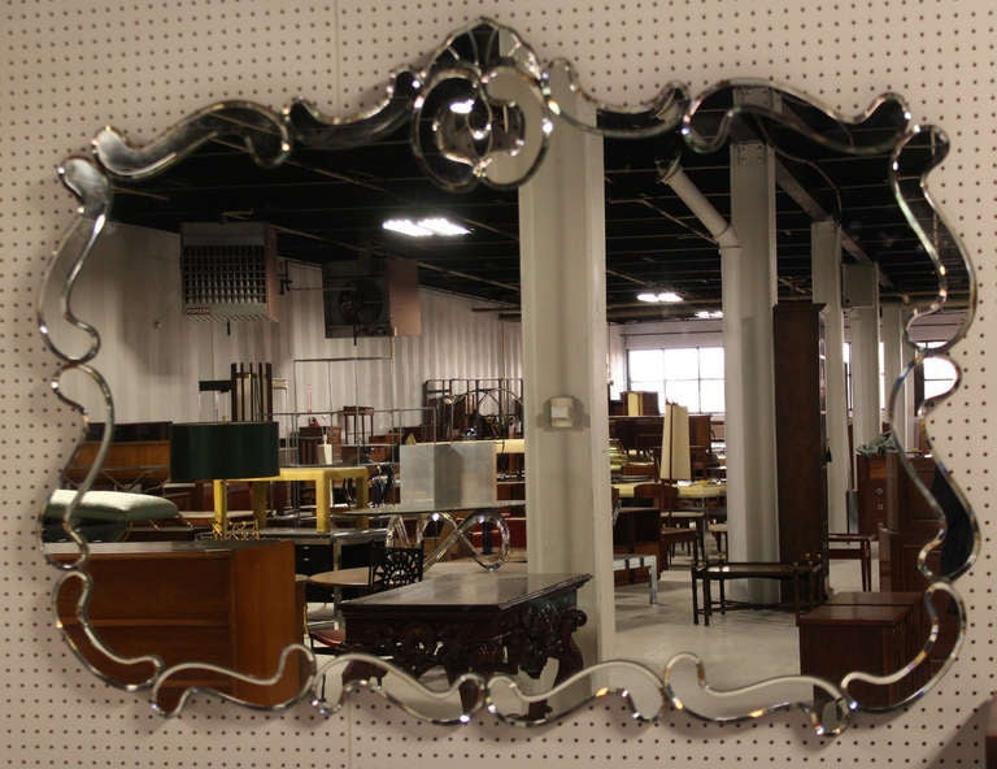 C1940s Venetian Style Beveled Glass Scrolls Decorated Wall Mirror MINT!