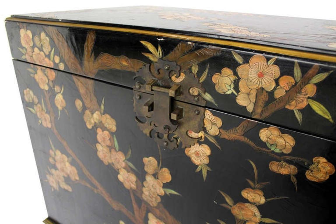 EstablishedLines Oriental Hand Painted Black Lacquer Bar Trunk Chest Electric Lift Shelf Inside
