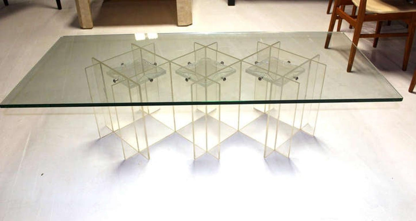 EstablishedLines Mid-Century Modern Long Rectangular Lucite Base Glass Top Coffee Table MINT!