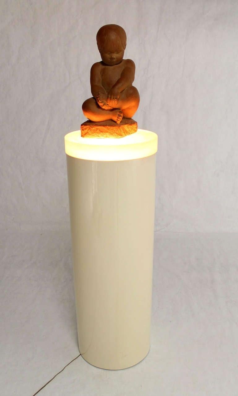 EstablishedLines Light-Up Fiberglass Cylinder Round Pedestal Thick Lucite "Lens" Shade Floor Lamp