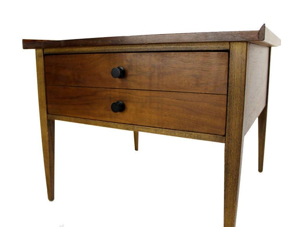 EstablishedLines Pair Large Square Raised Rolled Edge Danish Mid Century Modern Walnut End Tables