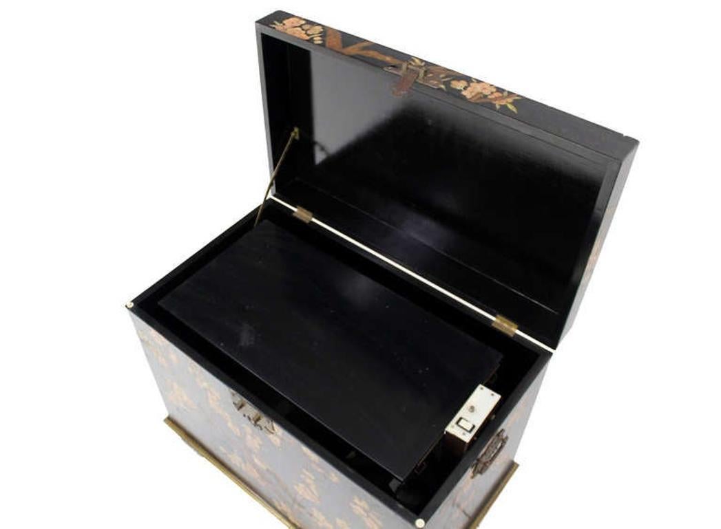 EstablishedLines Oriental Hand Painted Black Lacquer Bar Trunk Chest Electric Lift Shelf Inside