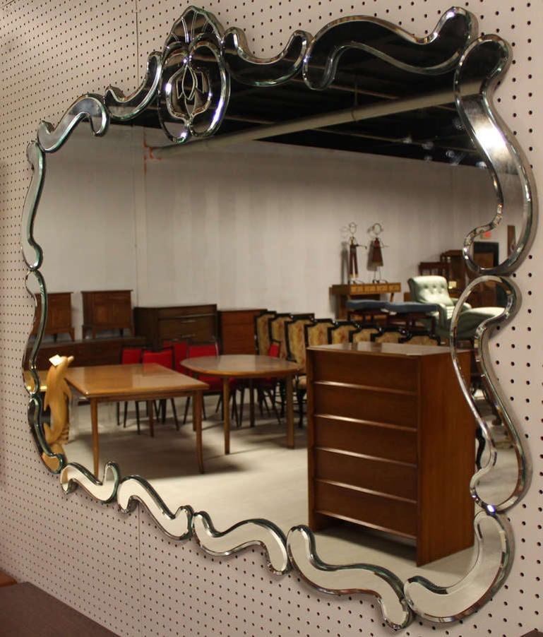 C1940s Venetian Style Beveled Glass Scrolls Decorated Wall Mirror MINT!