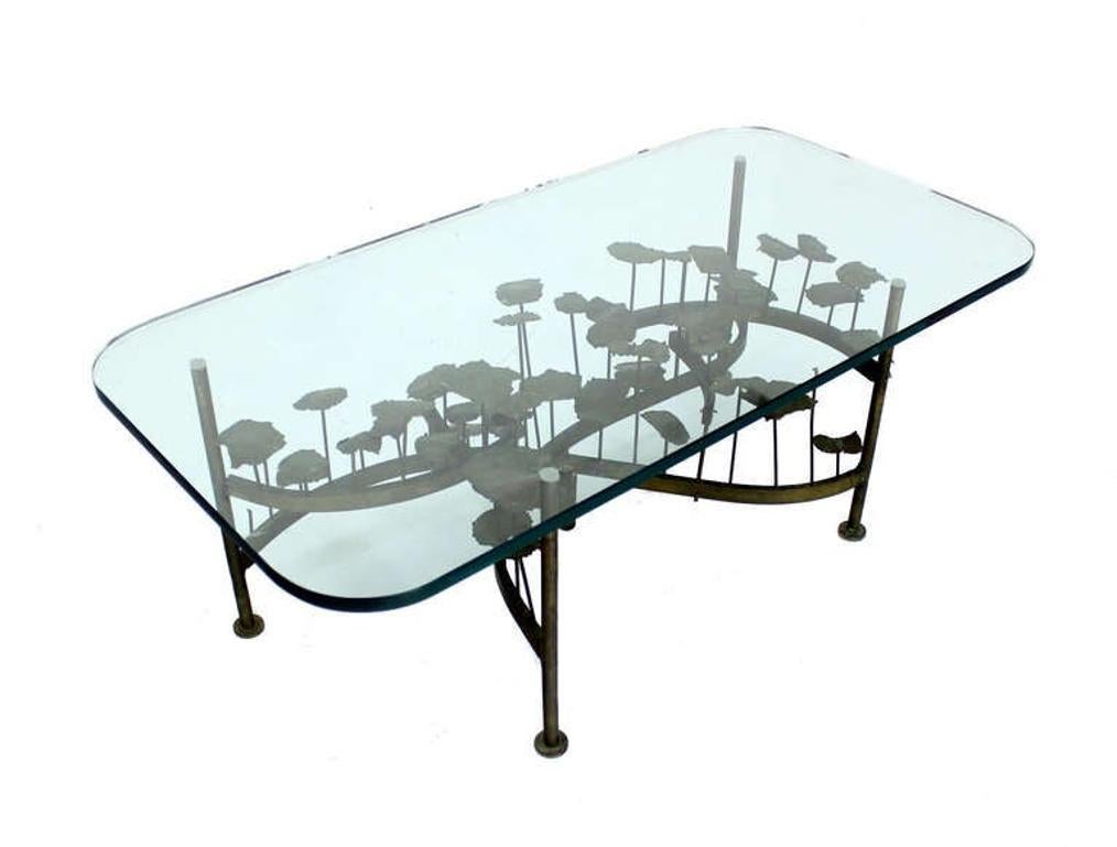 EstablishedLines Silas Seandel Mid Century Modern Brass Base Glass Top Brutalist Coffee Table