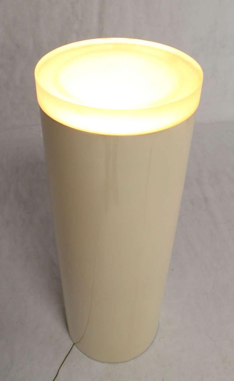 EstablishedLines Light-Up Fiberglass Cylinder Round Pedestal Thick Lucite "Lens" Shade Floor Lamp