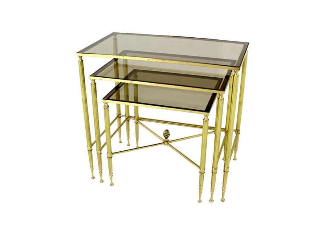 EstablishedLines Solid Brass Smoked Glass Set of Three Nesting Stacking Side Occasional Tables